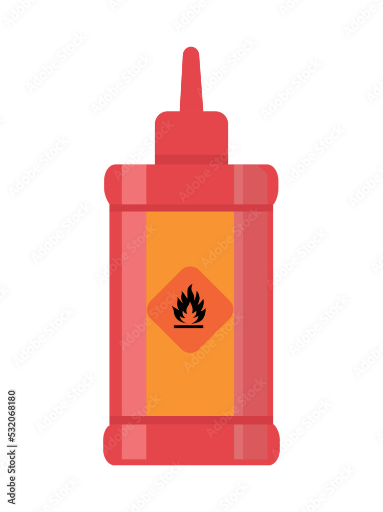 Lighter Fluid Pack. Icon with red bottle or package with flammable substance for campfires, fireplace and hearth. Design element for app. Cartoon flat vector illustration isolated on white background Lighter Fluid Pack. Icon with red bottle or package with flammable substance for campfires, fireplace and hearth. Design element for app. Cartoon flat vector illustration isolated on white background