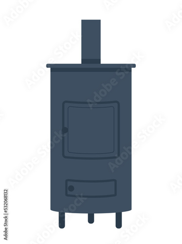 Modern potbelly stove Icon. Sticker with metal kindled fireplace or hearth. Equipment for wood or charcoal for heating house in winter. Cartoon flat vector illustration isolated on white background