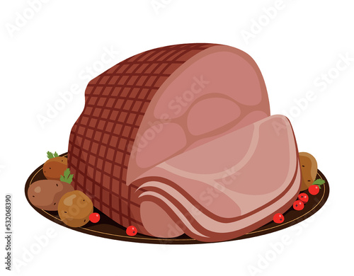 Traditional festive food. Poster with delicious sliced smoked ham with potatoes and vegetables. Thanksgiving dinner. Design element for greeting card. Cartoon modern flat vector illustration