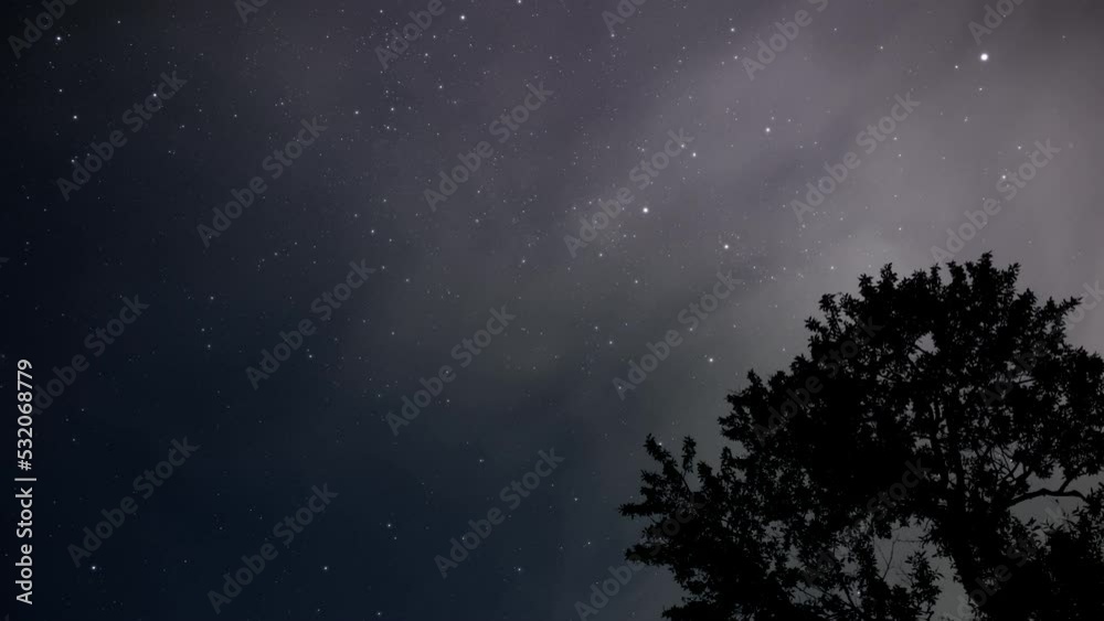 Stars moving across the night sky above the forest. Moving clouds crossing the sky. Time lapse, hyperlapse, dolly shot. Stars moving across the night sky above the forest. Moving clouds crossing the sky. Time lapse, hyperlapse, dolly shot.