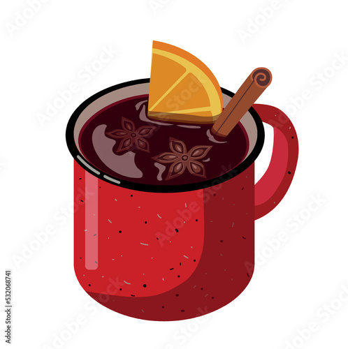 Traditional festive food. Red mug or cup with fruit mulled wine with alcohol, orange and cinnamon. Boiled drink for Christmas or New Year. Design element for postcard. Cartoon flat vector illustration