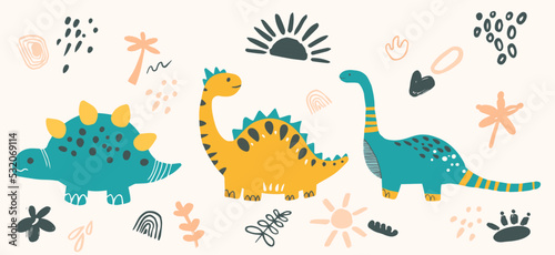 Fototapeta Naklejka Na Ścianę i Meble -  Vector hand drawn cute dinosaurs. Set of colorful Dino for icon, banner, logo, print, card, gift, fabric, web, label, advertising, card, fabric. Childish illustrations. Cartoon.