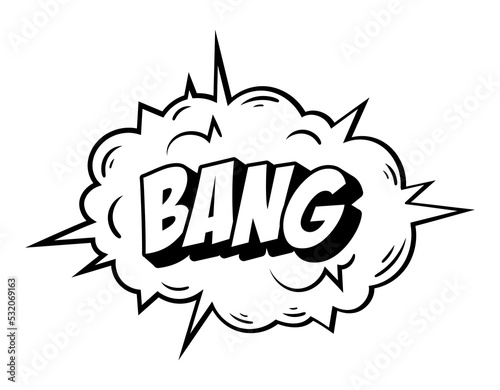 Retro explosion for comics. Pop art element with onomatopoeic speech cloud with sharp corners and inscription bang. Design element for tattoo and branding. Cartoon simple flat vector illustration