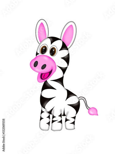 Cute black and white, smiling Zebra with pink ears, pink mouth and pink tail