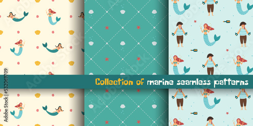 Set of seamless patterns with mermaids, pirates and shells. Brave pirate with bottle of rum and beautiful mermaids. Collection of three vector illustrations. For fabric and wallpaper design