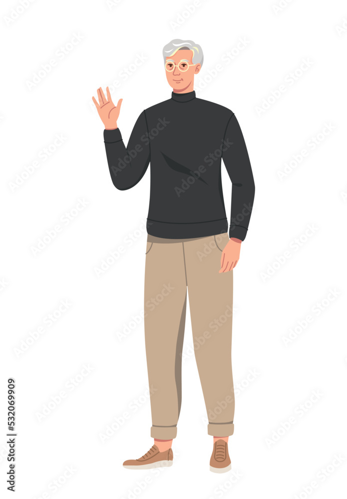 Stylish elderly person. Positive aged man in trendy sweater waves hand and greets friends. Gray haired grandfather in fashionable casual outfit. Cartoon flat vector illustration on white background