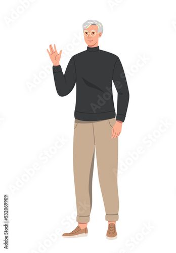 Stylish elderly person. Positive aged man in trendy sweater waves hand and greets friends. Gray haired grandfather in fashionable casual outfit. Cartoon flat vector illustration on white background