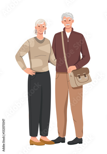 Stylish elderly people. Positive old man and woman in trendy casual outfits hugging. Family or couple of pensioners. Grandmother and grandfather. Cartoon flat vector illustration on white background