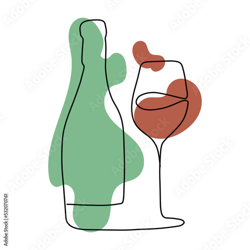 minimalistic one-line drawing of a bottle of wine and a glass.