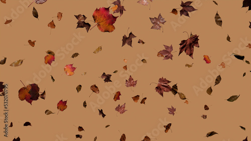 Autumn themed Wallpaper, with Leaves against Warm Brown Color. Holiday Banner with copy-space.