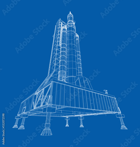 Space Rocket on launch pad. Vector rendering of 3d