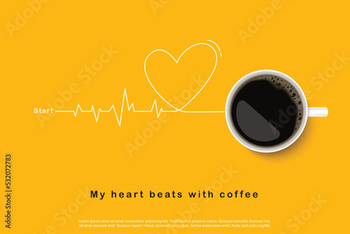 Black coffee in white cup on yellow background. design for poster advertisement flyer concept. Vector Illustration