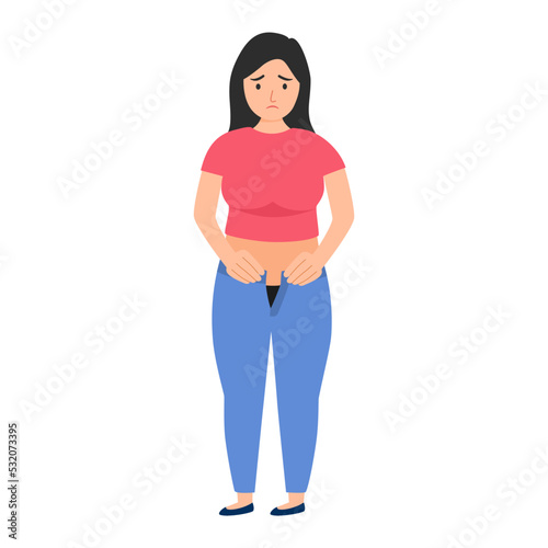 Fat woman try zip her tight Jeans in flat design on white background.