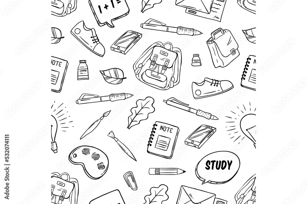 seamless pattern of back to school icons or elements with doodle style. school supplies hand drawing