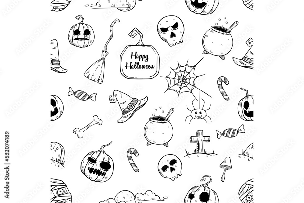 Seamless pattern of doodle halloween elements vector illustration on white background