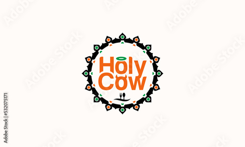 illustration vector graphic logo designs, badge emblem logo holy cow restaurant in circle shape with unique pattern 