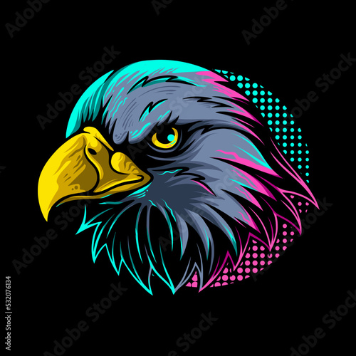 vector illustration colorful eagle head with the pose of stalking its prey with clouds background vintage illustration