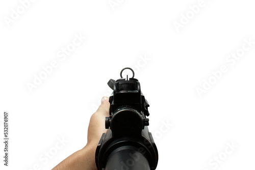 Fotografie MP5 assault rifle weapon gun in first person shooting view isolated on transpare