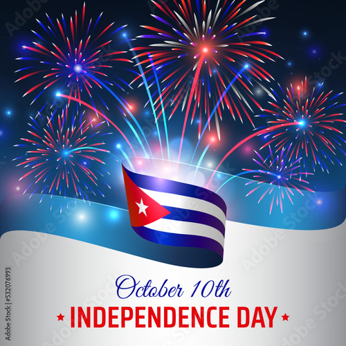 October 10, independence day cuba. Wavy cuban flag and colorful fireworks on blue sky background. National cuba holiday October 10th. Independence day greeting card. Vector template, illustration