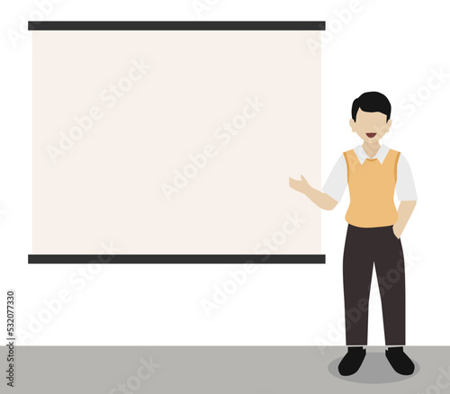 businessman pointing at a board. meeting illustration.