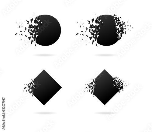 Black hexahedron  circle with explosion effect on white background with debris.
