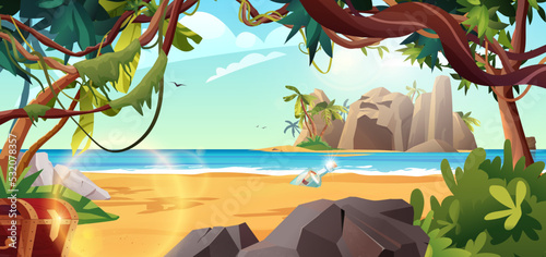 Rocky island with pirate flag and palm trees in the ocean. Bottle with paper message in it. Cartoon vector illustration