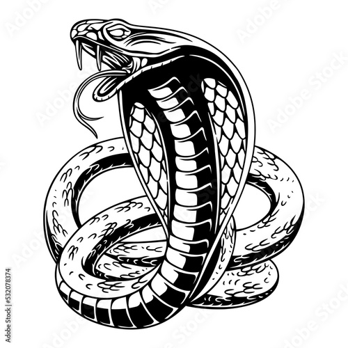 vector design angry cobra with circle background black and white illustration