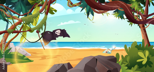 Rocky island with pirate flag and palm trees in the ocean. Bottle with paper message in it. Cartoon vector illustration
