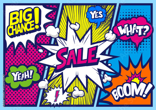 アメコミ風コマ割り素材 pop art comics book magazine, speech bubble, balloon, box message	
