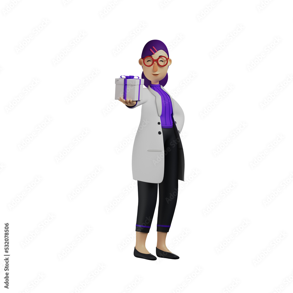 3D illustration. 3D Cartoon Female Doctor Character has a small gift box. wearing a beautiful white coat. showing a sweet smile. 3D Cartoon Character