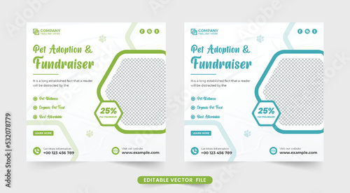 Pet adoption and fundraiser service template for social media marketing. Creative pet care and grooming center promotional poster design with green and blue colors. Pet veterinary advertisement design