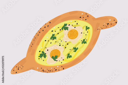 Turkish food of bread, cheese and eggs isolated on white background. Pide or lahmacun from dough. Oriental pizza or snack. Vector in flat style. Oriental cuisine and traditional dishes of Turkey.