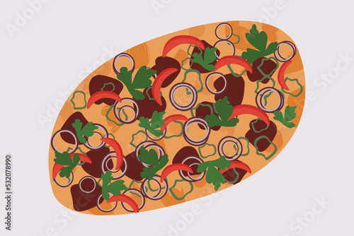 Turkish food of bread, meat and eggs isolated on white background. Pide or lahmacun from dough. Oriental pizza or snack. Vector in flat style. Oriental cuisine and traditional dishes of Turkey.