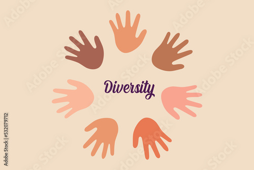 Seven open outstretched hand, showing five fingers, with a different skin color. Diversity concept. Flat vector illustration isolated. 