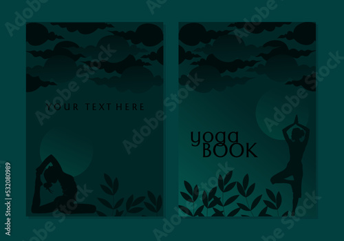 page yoga book covers set template.silhouette woman posing yoga For notebooks, planners, brochures, books, catalogs etc. Vector illustration