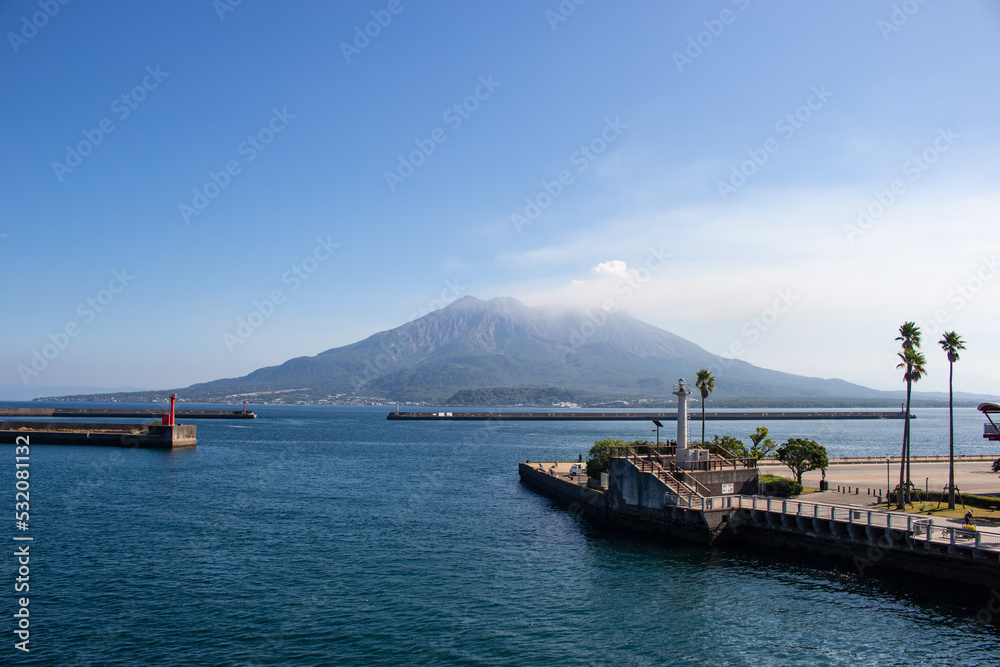 Sakurajima Volcano (Active Volcano) with blue sea in Kagoshima, Kyushu, Japan