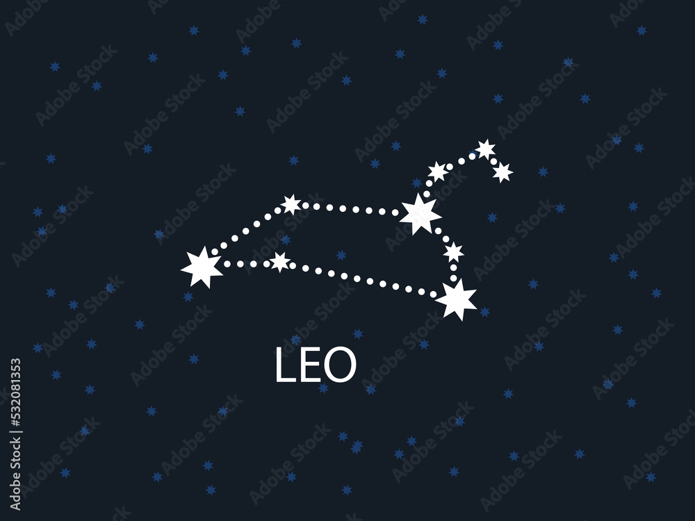 Leo Horoscope Symbol. Zodiac Constellation with Stars. Night Sky map. Vector illustration of Astrological signs 
for calendar, horoscope isolated on a background 