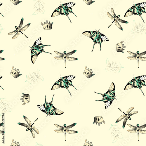 Tropical butterfly pattern, dragonflies. Seamless illustration of insects for printing on clothes, blank for designers, textiles