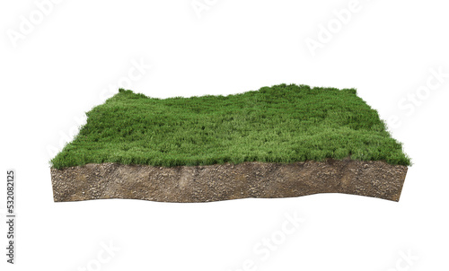 land ground or earth soil land and green grass section isolated on white background. 3d illustration