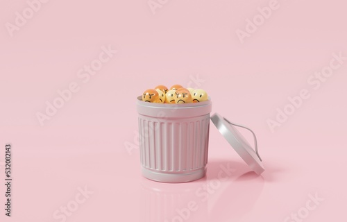 Negative emoticons in trashcan, professional controlling negative emotions, reducing distraction and increasing focus concept, 3d render illustration. Negative emoticons in trashcan, professional cont