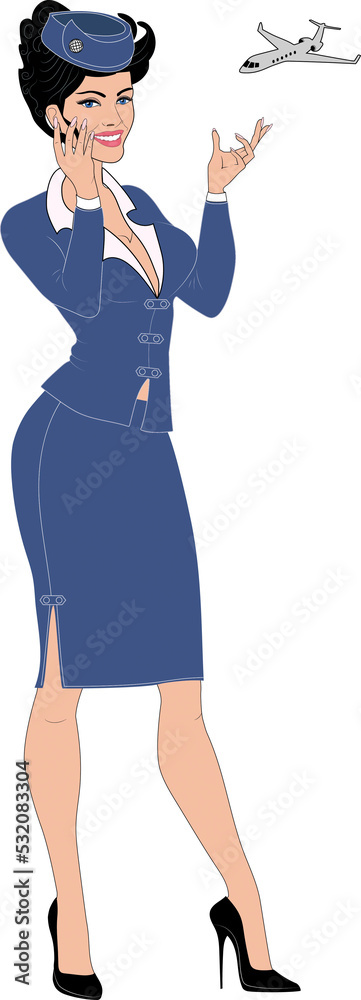 Charming blue-eyed stewardess with a beautiful smile points to a flying plane.