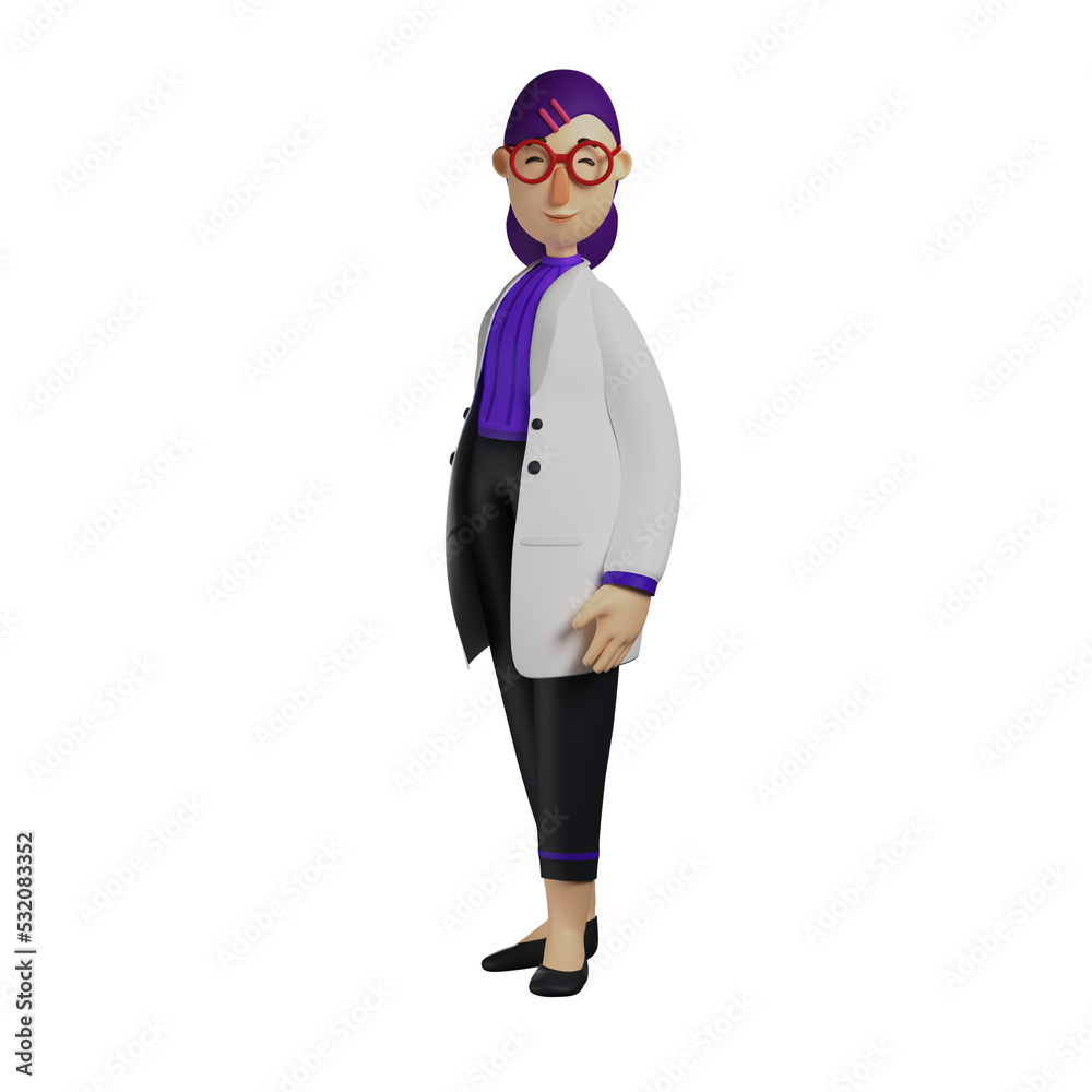 3D illustration. 3D Cartoon Charismatic Female Doctor wearing red glasses. with a tilted body position. showing a funny laugh expression. 3D Cartoon Character 3D illustration. 3D Cartoon Charismatic Female Doctor wearing red glasses. with a tilted body position. showing a funny laugh expression. 3D Cartoon Character