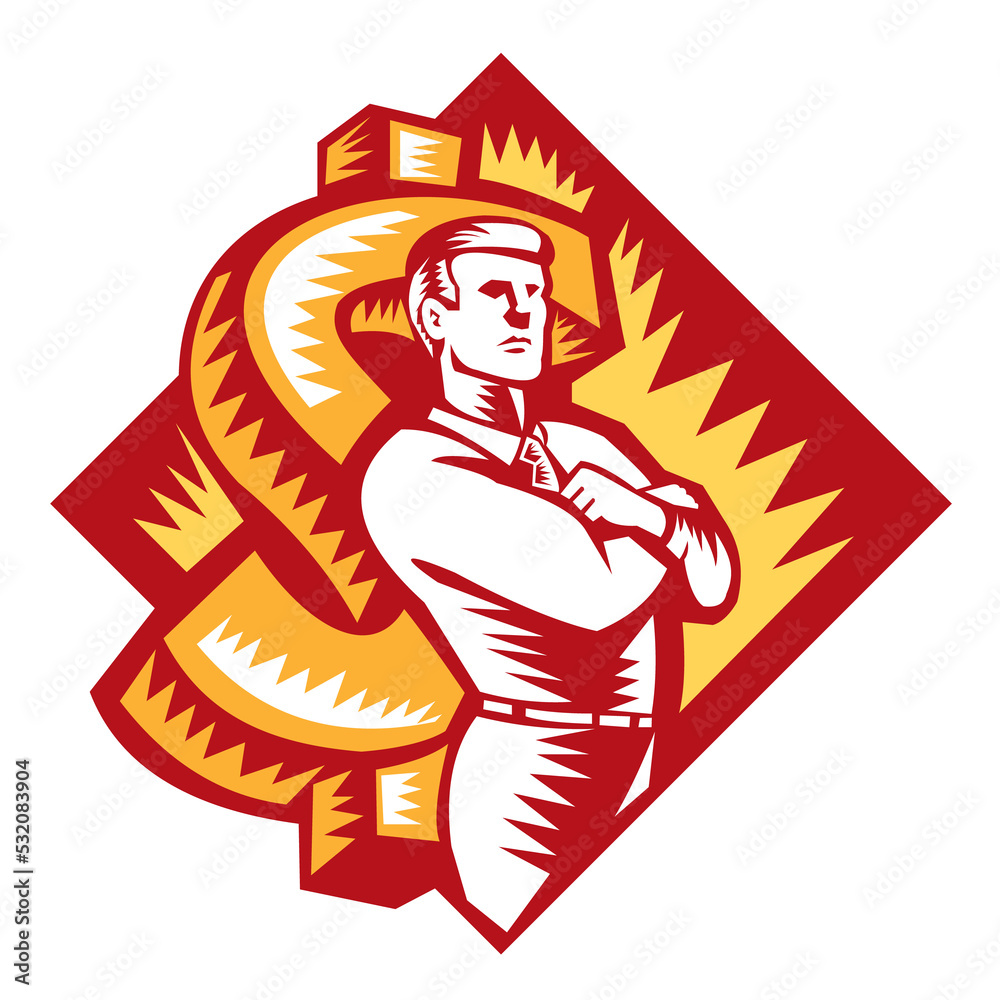 Businessman Arms Folded Protect Dollar Woodcut Businessman Arms Folded Protect Dollar Woodcut