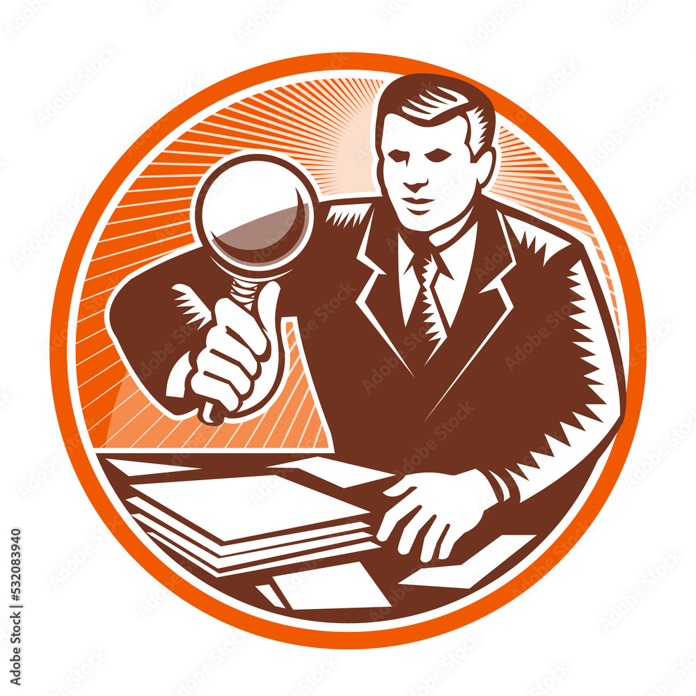Fototapeta premium Businessman Magnifying Glass Looking Documents