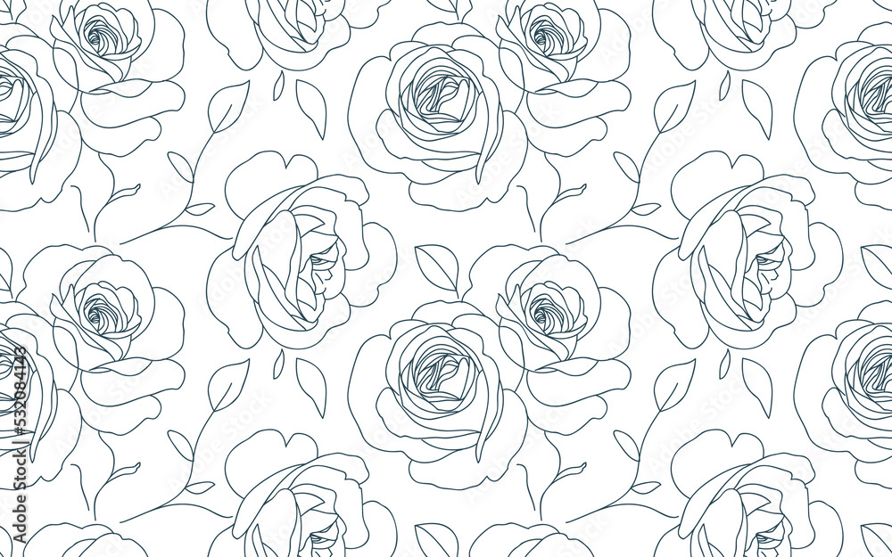 Abstract seamless pattern with roses. Beautiful blossoming hand drawn flower on white background. Line art wallpaper. Vector stock illustration - obrazy, fototapety, plakaty 