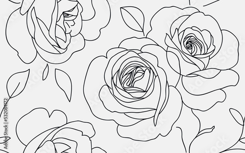 Abstract seamless pattern with roses. Beautiful blossoming hand drawn flower isolated on white background. Line art design. Vector stock illustration