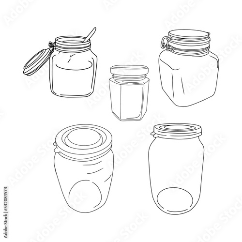 Isolated illustration of conservation, jars as a blank for designers, logo, icon, label, education. Empty glass jar. Doodle sketch style. Linear drawing of a simple jar. Isolated vector illustration.