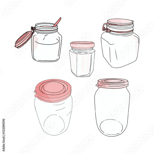 Isolated illustration of conservation, jars as a blank for designers, logo, icon, label, education. Empty glass jar. Doodle sketch style. Linear drawing of a simple jar. Isolated vector illustration.