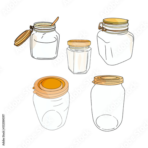 Isolated illustration of conservation, jars as a blank for designers, logo, icon, label, education. Empty glass jar. Doodle sketch style. Linear drawing of a simple jar. Isolated vector illustration.