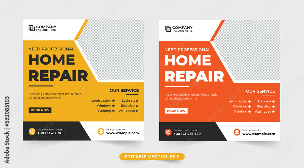 Modern home repair service template design for social media marketing. House renovation and repairing business promotional web banner vector. House construction business advertisement template. Modern home repair service template design for social media marketing. House renovation and repairing business promotional web banner vector. House construction business advertisement template.